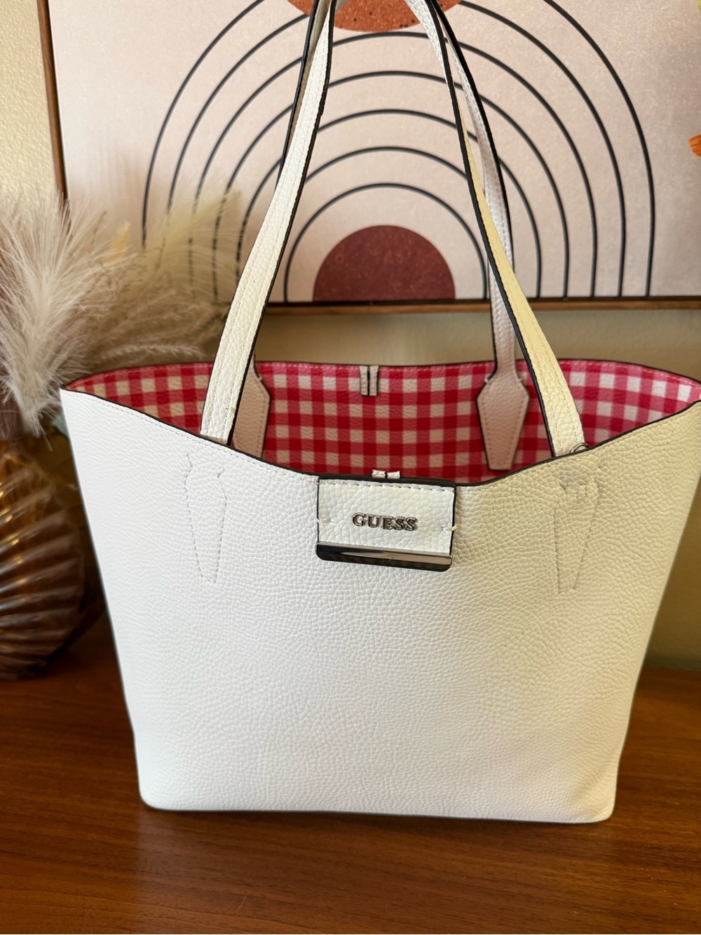 GUESS White Pebbled Tote Bag with Red Gingham Lining